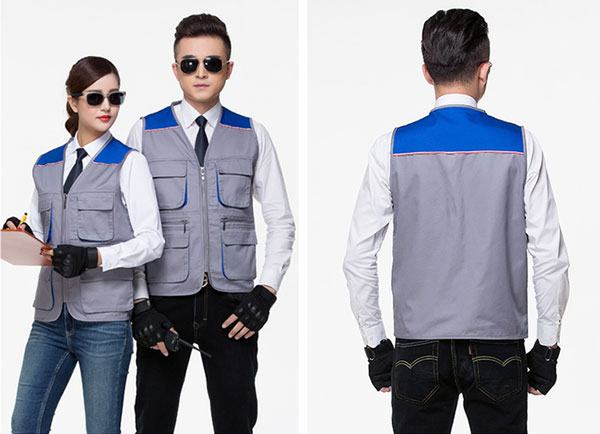 多口袋藍(lán)黃拼色款馬甲定做款式設(shè)計(jì)后背款式圖