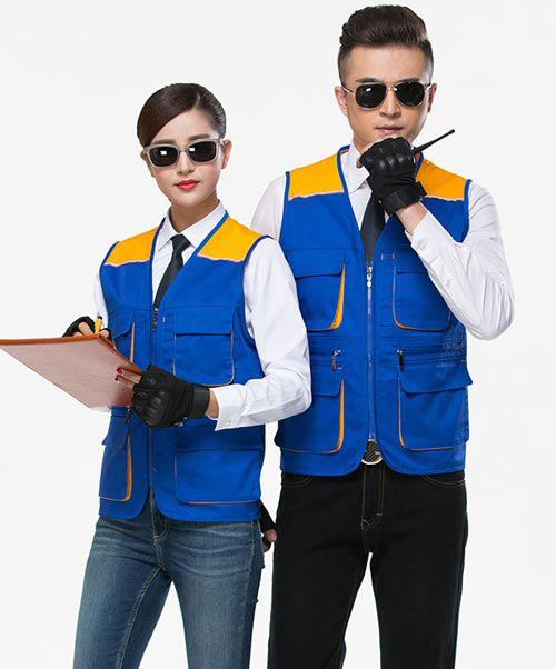 多口袋藍(lán)黃拼色款馬甲定做款式設(shè)計(jì)模板圖