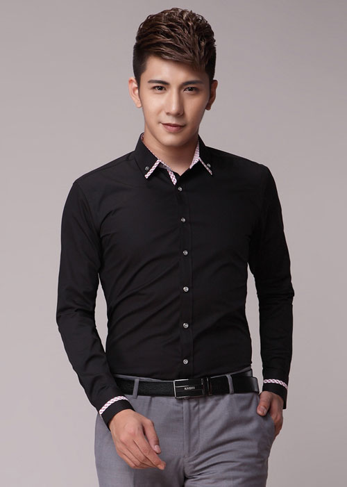 黑色嵌花邊款修身職業男襯衫定制