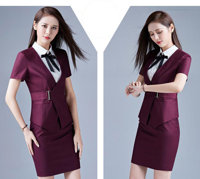 紫色款專柜營(yíng)業(yè)員工作服模特展示圖二