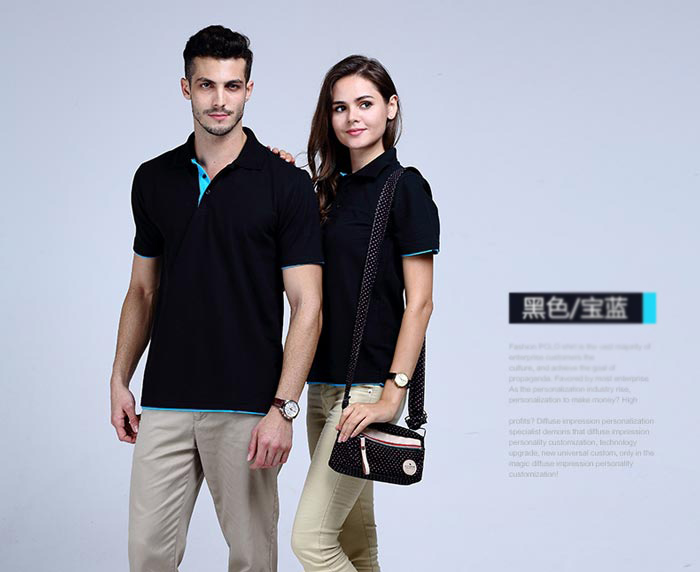 黑色配湖蘭色雙下擺短袖翻領t恤衫款式展示圖