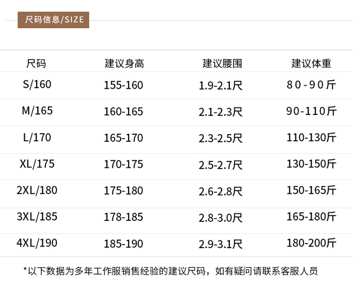 防靜電短袖夾克尺寸數據表